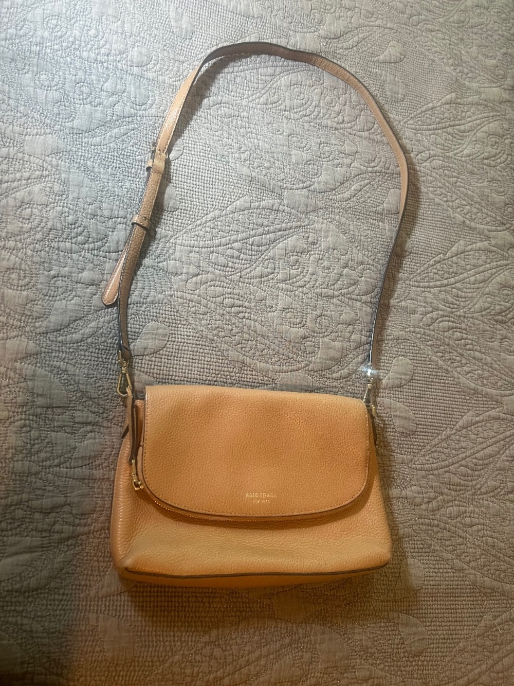 Kate Spade Polly Large Flap Tan Brown Leather Zippered Cross Body Bag